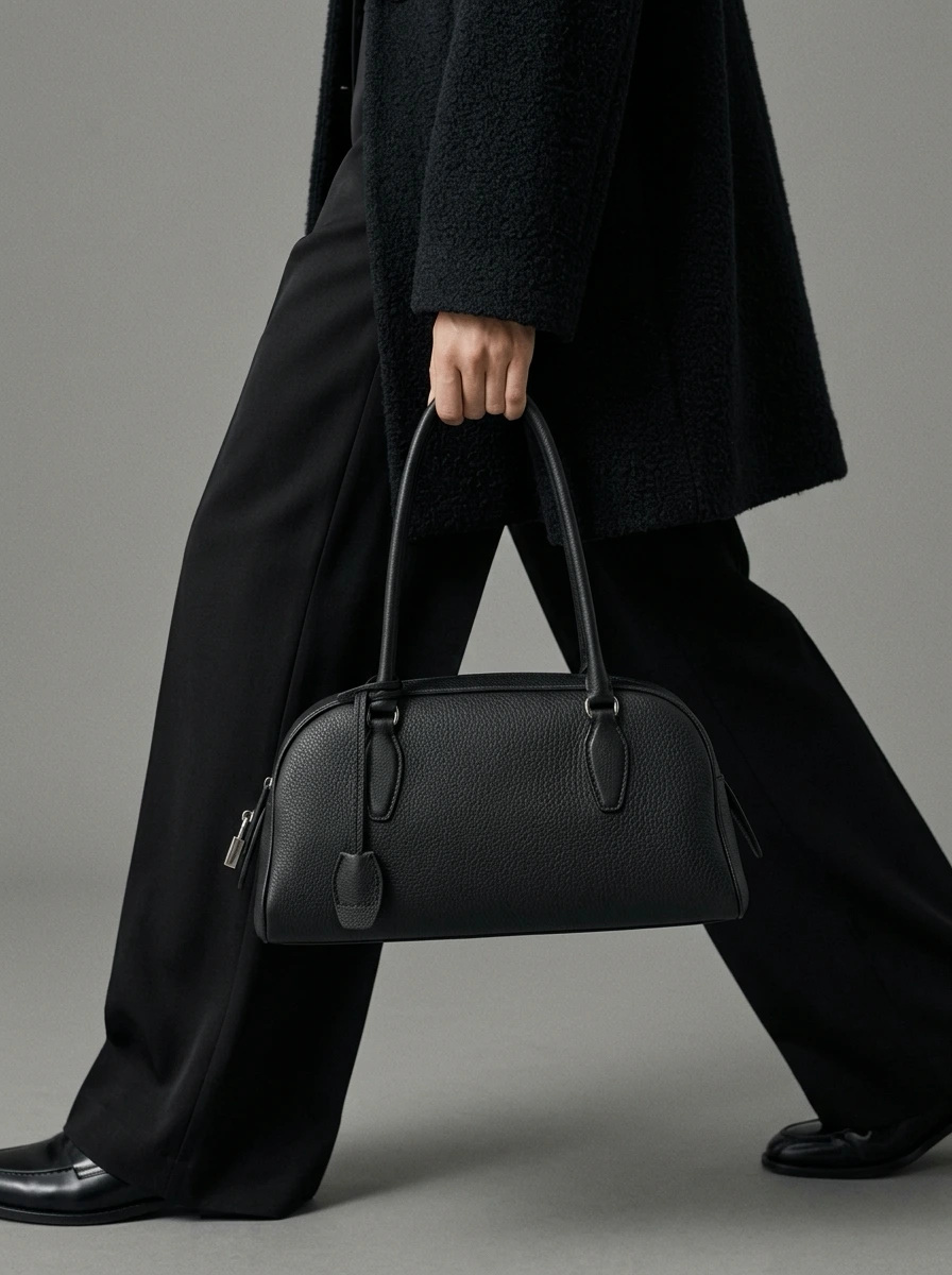 Чёрная кожаная сумка в руке модели в строгой fashion-кампании