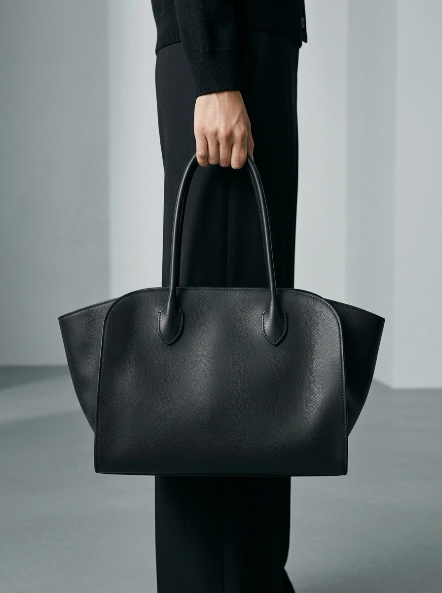 Чёрная structured bag в фронтальном fashion-кадре