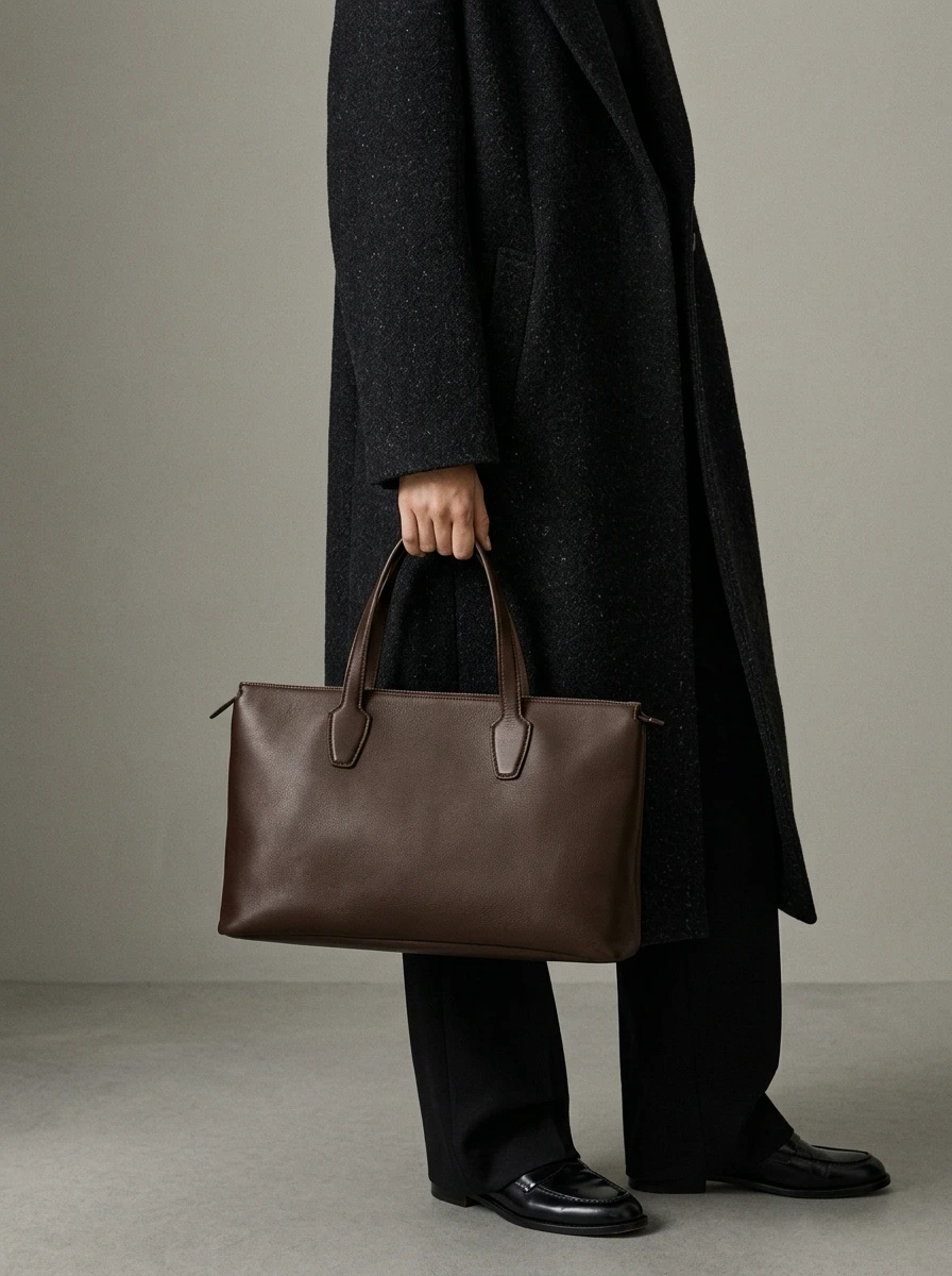 Коричневая tote bag в полном fashion-образе с пальто