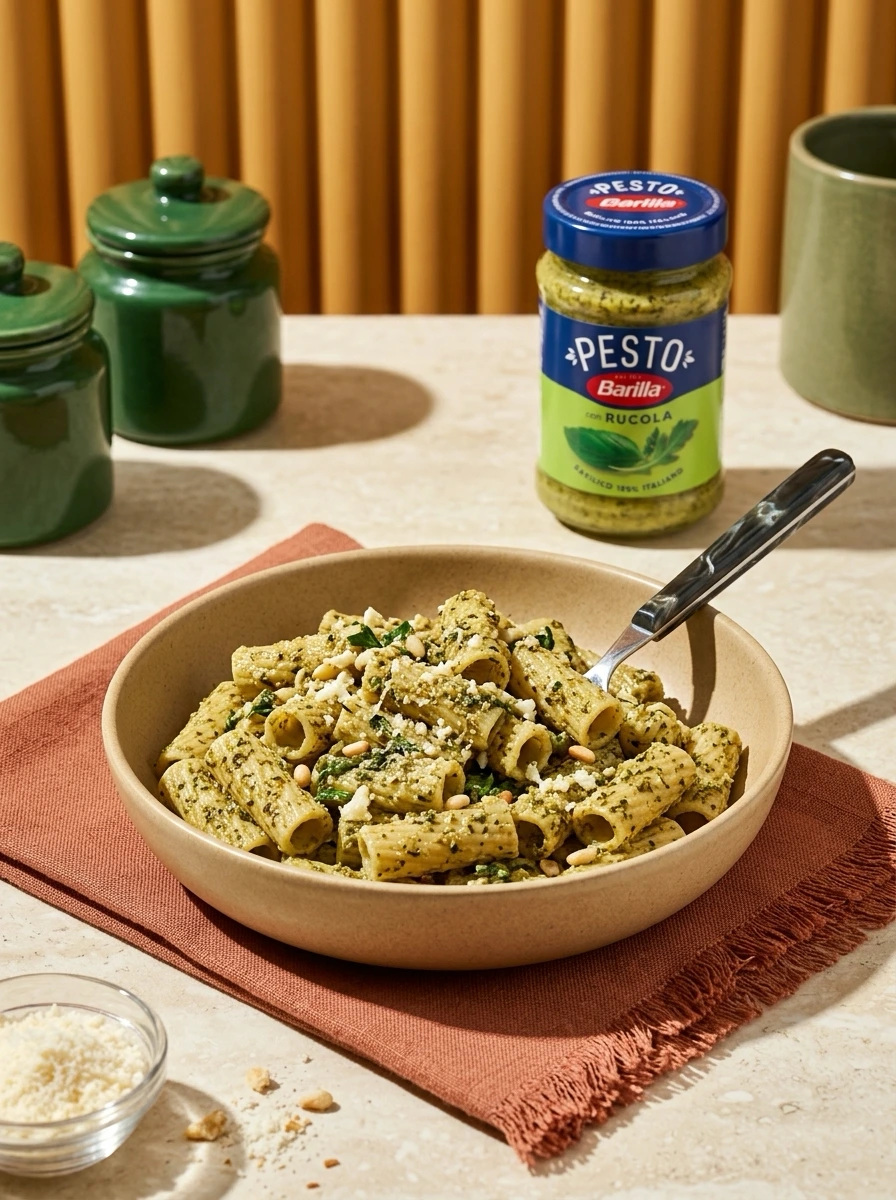 Зелёный pesto-продукт с пастой, фактурой соуса и чистой food-подачей