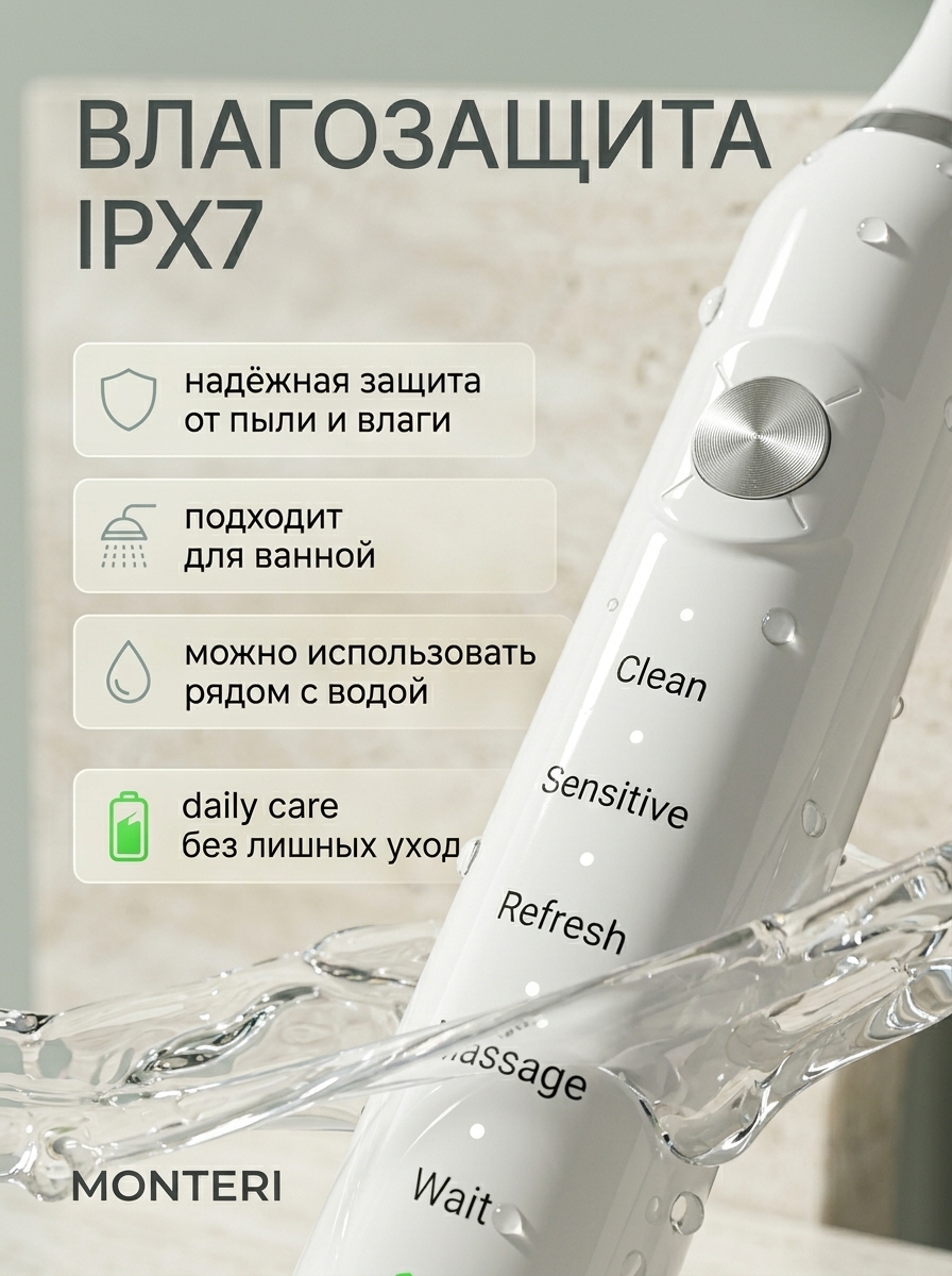 Полный слайд карточки товара с доказательством влагозащиты IPX7